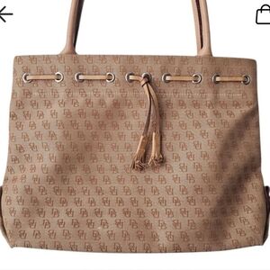 Dooney & Bourke Monogram Canvas Tan Shoulder Bag with Drawstring - Pre-Owned